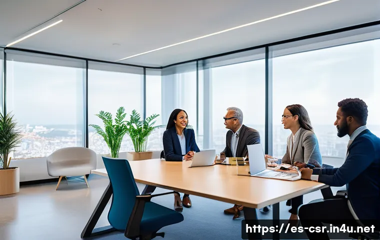 사회적 책임 경영 전문가의 커리어 성공 사례 - **Prompt:** A diverse team of six professionals (three men, three women, varied ages and ethnicities...
