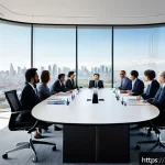 사회적 책임 경영의 윤리적 이슈 해결 방법 - A modern corporate boardroom scene showing diverse business leaders in formal attire gathered around...