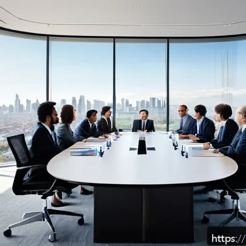 Home 32 사회적 책임 경영의 윤리적 이슈 해결 방법 - A modern corporate boardroom scene showing diverse business leaders in formal attire gathered around...
