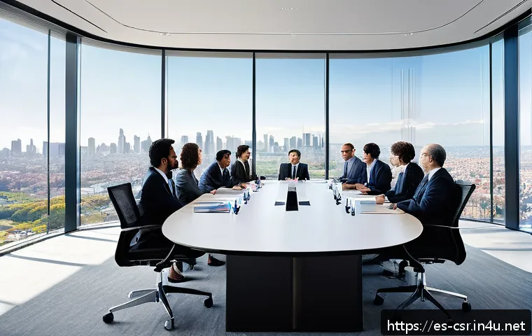 사회적 책임 경영의 윤리적 이슈 해결 방법 - A modern corporate boardroom scene showing diverse business leaders in formal attire gathered around...