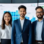 사회적 책임 경영의 최신 트렌드 - A modern corporate office setting showcasing a diverse team of professionals engaged in a transparen...