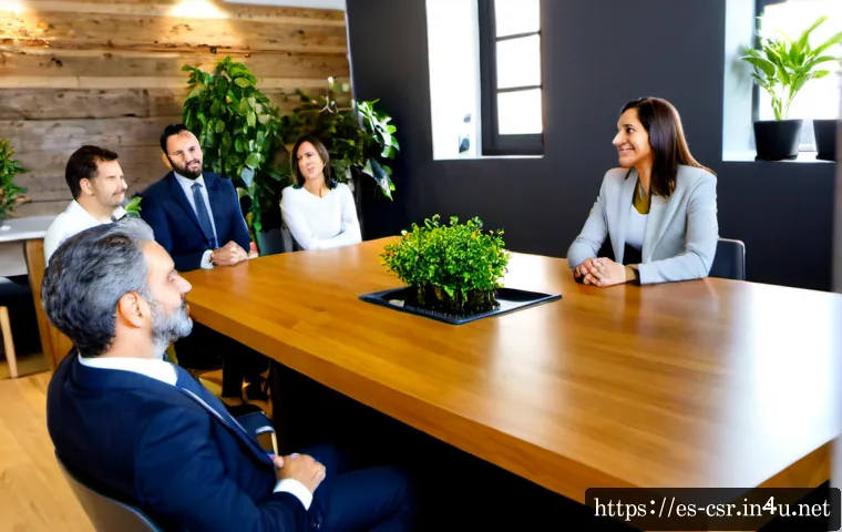 사회적 책임 경영 업무에서의 리더십 개발 - Photorealistic corporate social responsibility leadership workshop in a modern Madrid office, divers...